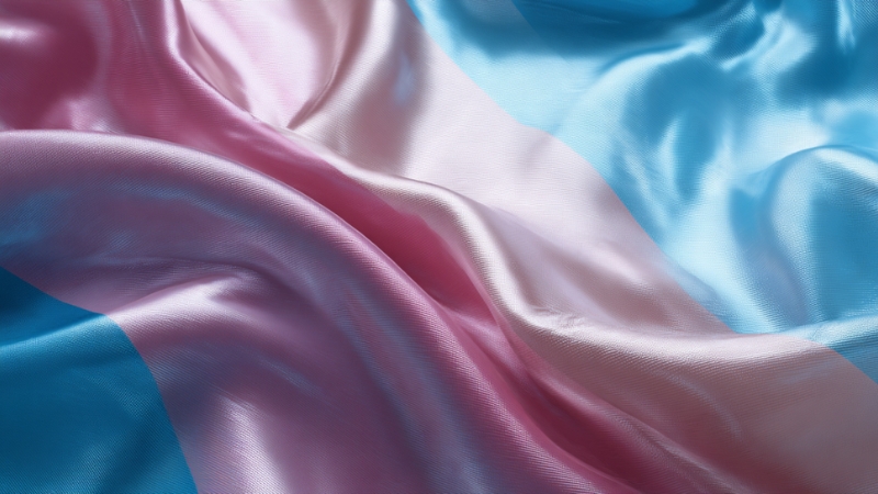 The transgender flag with blue, pink, and white stripes shown in smooth, flowing fabric