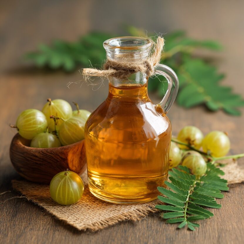 Glass jar of golden amla oil with fresh Indian gooseberries and leaves on a wooden table