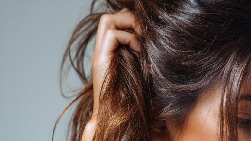 Close-up of a woman’s hand lifting her thick, shiny brown hair, highlighting scalp health
