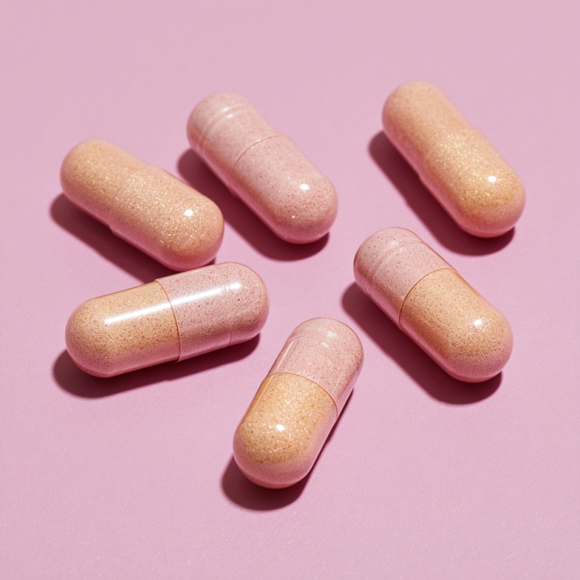 Pink and gold biotin supplement capsules on a pastel pink background