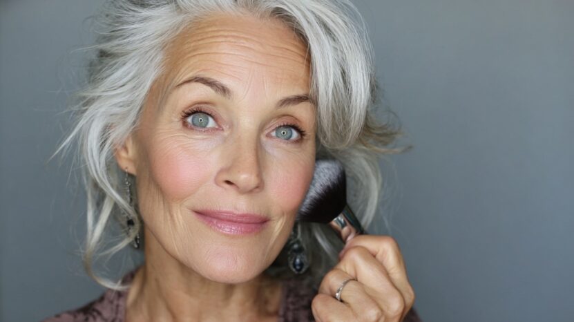 Older woman with gray hair applying blush to her cheek using a makeup brush, smiling softly