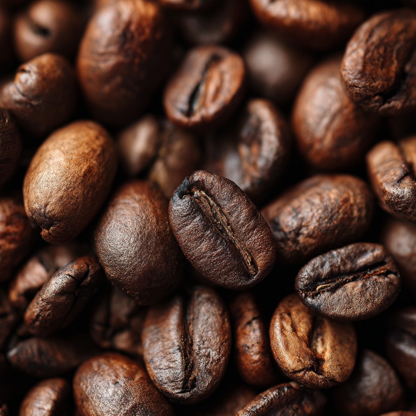 Close-up of roasted coffee beans, rich brown with a glossy texture
