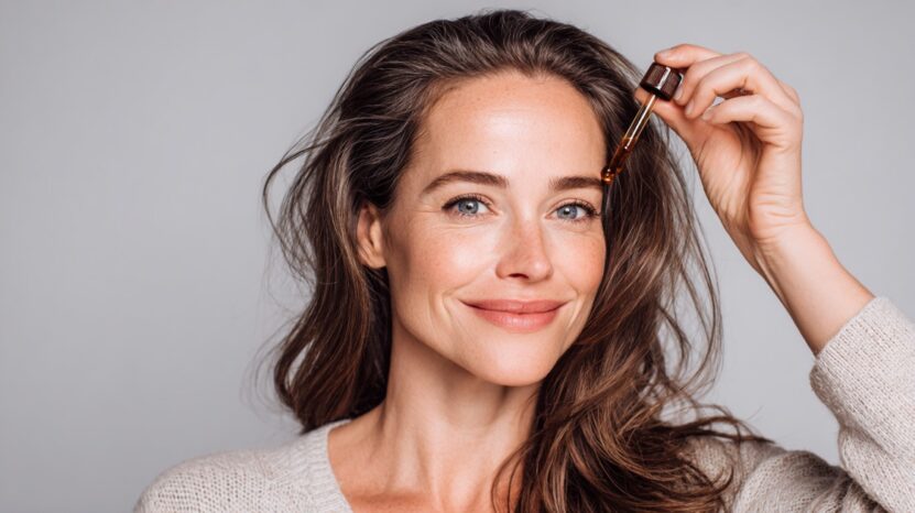 Smiling woman applying hair serum to her scalp with a dropper