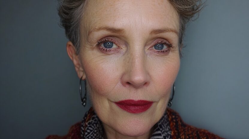 Middle-aged woman with short hair and blue eyes wearing red lipstick, showing smooth skin with natural makeup and no heavy color correction
