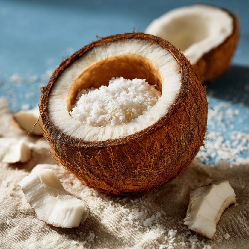 Halved coconut filled with freeze-dried coconut water powder on a rustic cloth with coconut pieces around