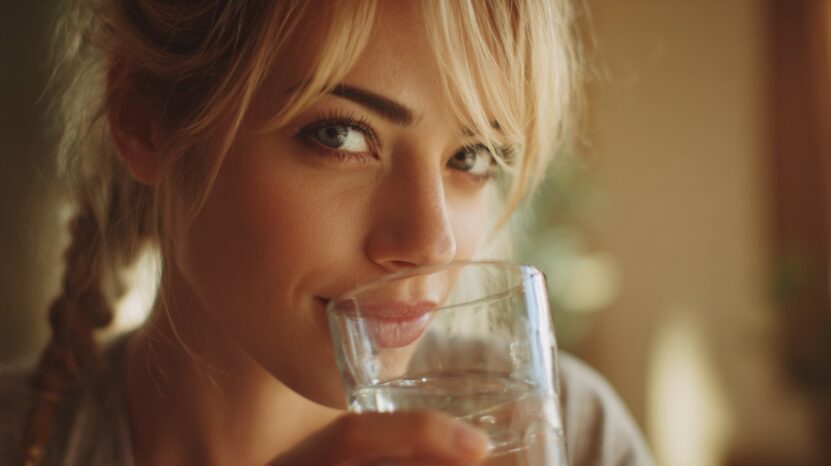Close-up of a woman drinking a glass of water with glowing skin