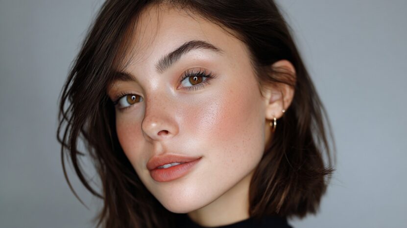 Close-up of a woman with smooth satin-finish skin, wearing natural makeup