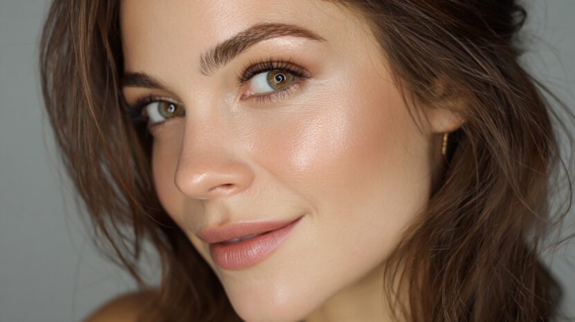 Close-up of a woman with glowing satin-finish skin and soft makeup