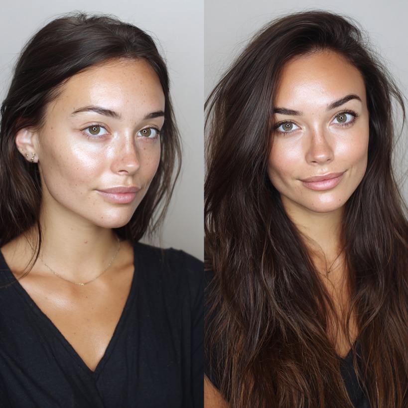Before-and-after of a woman showing natural skin on the left and a satin-finish makeup look on the right