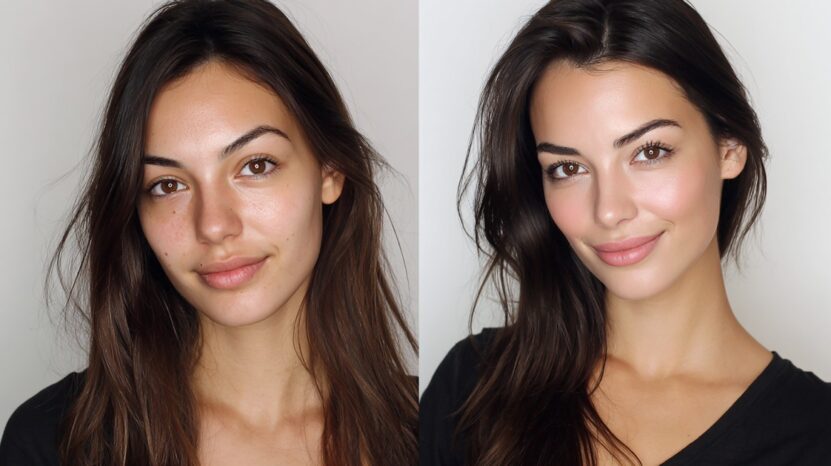 Side-by-side comparison of a woman before and after makeup, showing natural skin on the left and a satin finish on the right