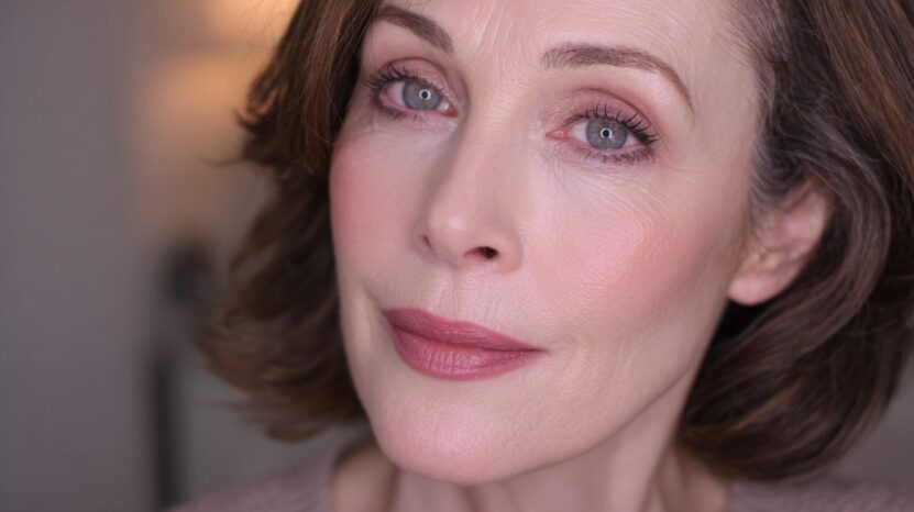 Close-up of a middle-aged woman with smooth under-eye makeup, subtle blush, and natural lipstick, demonstrating wrinkle-blurring concealer application