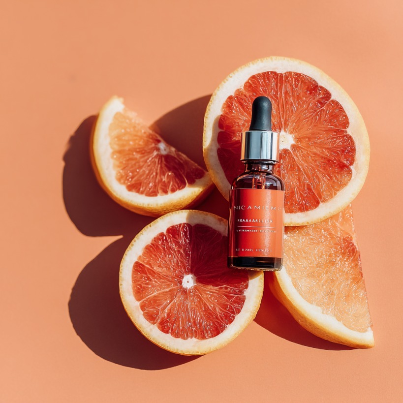 Dropper bottle of niacinamide serum placed on slices of fresh grapefruit against a peach background
