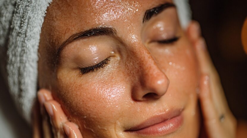 Close-up of a woman with wet, freshly cleansed skin and a towel on her head