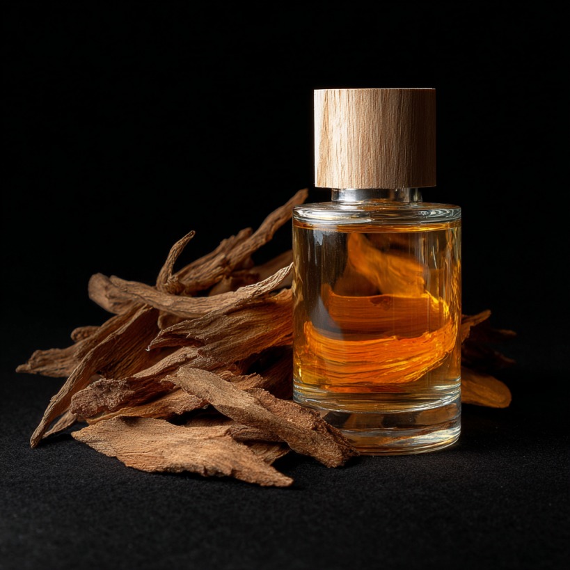 Glass bottle with golden sandalwood oil placed beside dried sandalwood chips on a black background