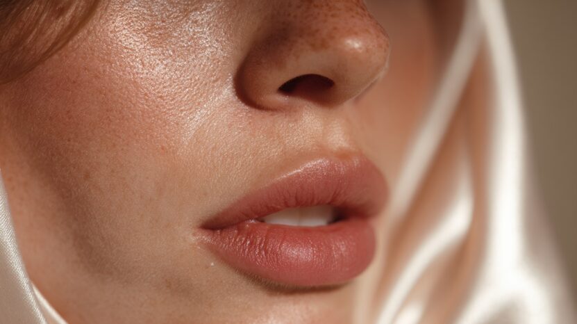 Close-up of a woman’s lips, nose, and cheek with smooth, glowing satin-like skin texture