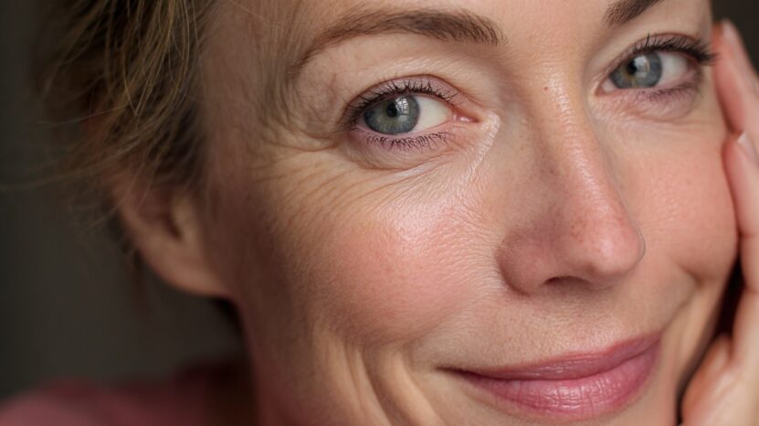 Close-up of a smiling middle-aged woman’s eye and cheek area, showing healthy, hydrated skin with fine lines and a natural glow