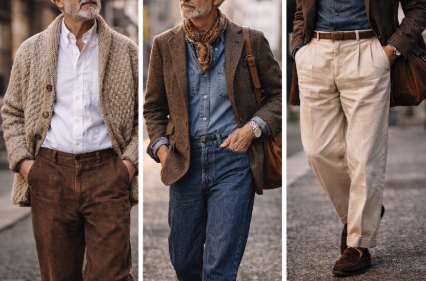 Triptych of older men showcasing classic “old man fashion” outfits, including a chunky knit cardigan with workwear trousers, a tweed blazer paired with relaxed denim and accessories, and pleated trousers styled with loafers for an effortless, timeless look