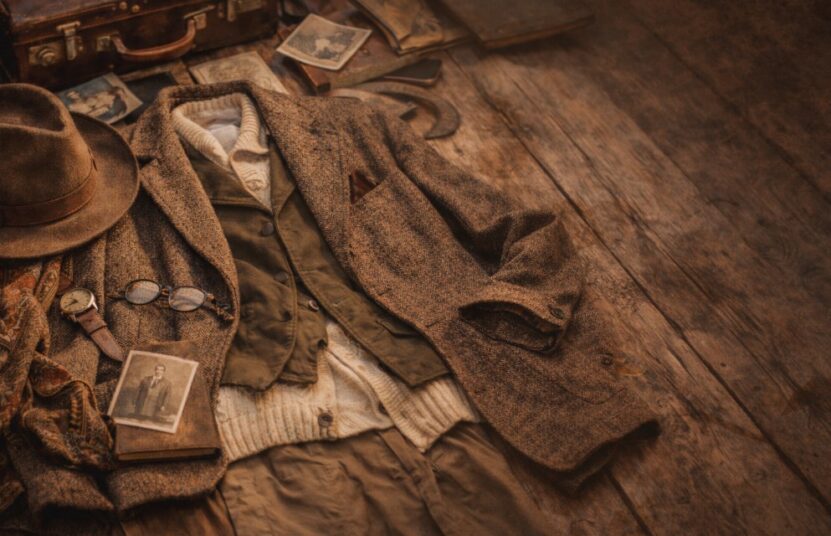 Vintage flat lay of classic menswear including a tweed jacket, cable-knit sweater, waistcoat, fedora hat, scarf, wristwatch, and old photographs arranged on a wooden surface