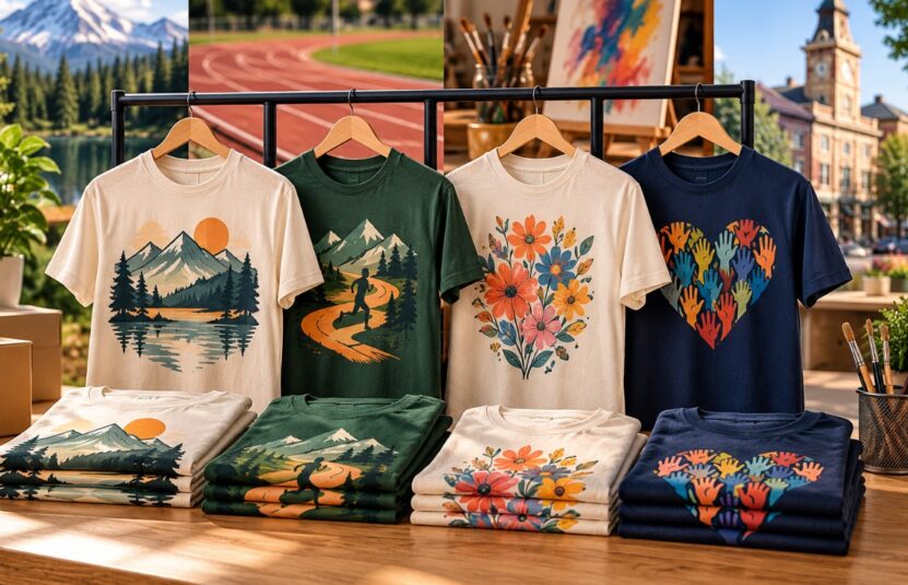 Custom-designed T-shirts with mountain, running, floral, and colorful heart graphics displayed on a clothing rack and folded on a wooden table